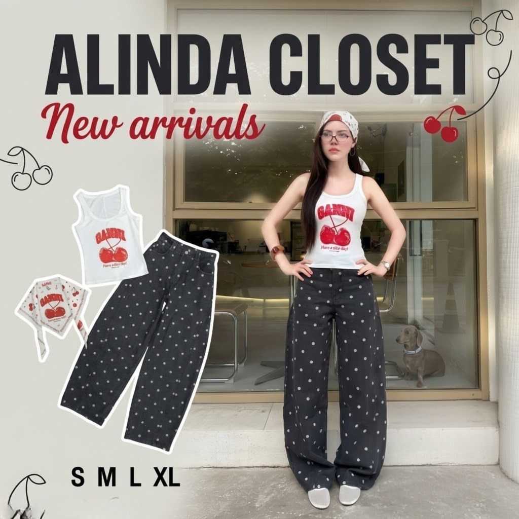 𝘼𝙇𝙄𝙉𝘿𝘼 𝘾𝙇𝙊𝙎𝙀𝙏 ᯓ ★ชุดเซ็ต 3 ชิ้น เสื้อกล้ามสกรีนลายเชอร์รี่+กางเกงยีนส์ฟอกสีดำลายจุดทรงบาร์เรล+ผ้าสคราฟ