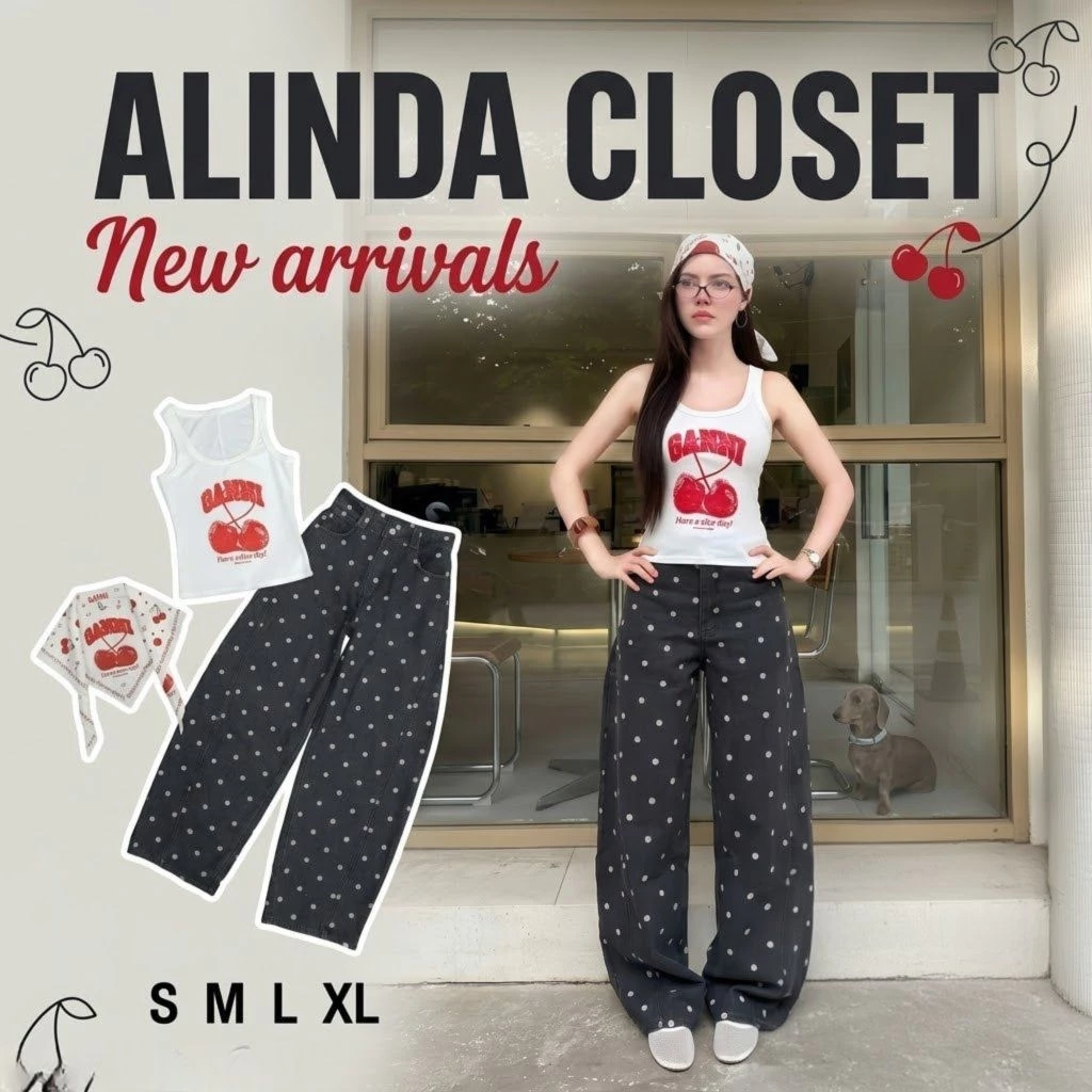 𝘼𝙇𝙄𝙉𝘿𝘼 𝘾𝙇𝙊𝙎𝙀𝙏 ᯓ ★ชุดเซ็ต 3 ชิ้น เสื้อกล้ามสกรีนลายเชอร์รี่+กางเกงยีนส์ฟอกสีดำลายจุดทรงบาร์เรล+ผ้าสคราฟ