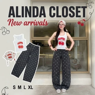 𝘼𝙇𝙄𝙉𝘿𝘼 𝘾𝙇𝙊𝙎𝙀𝙏 ᯓ ★ชุดเซ็ต 3 ชิ้น เสื้อกล้ามสกรีนลายเชอร์รี่+กางเกงยีนส์ฟอกสีดำลายจุดทรงบาร์เรล+ผ้าสคราฟ