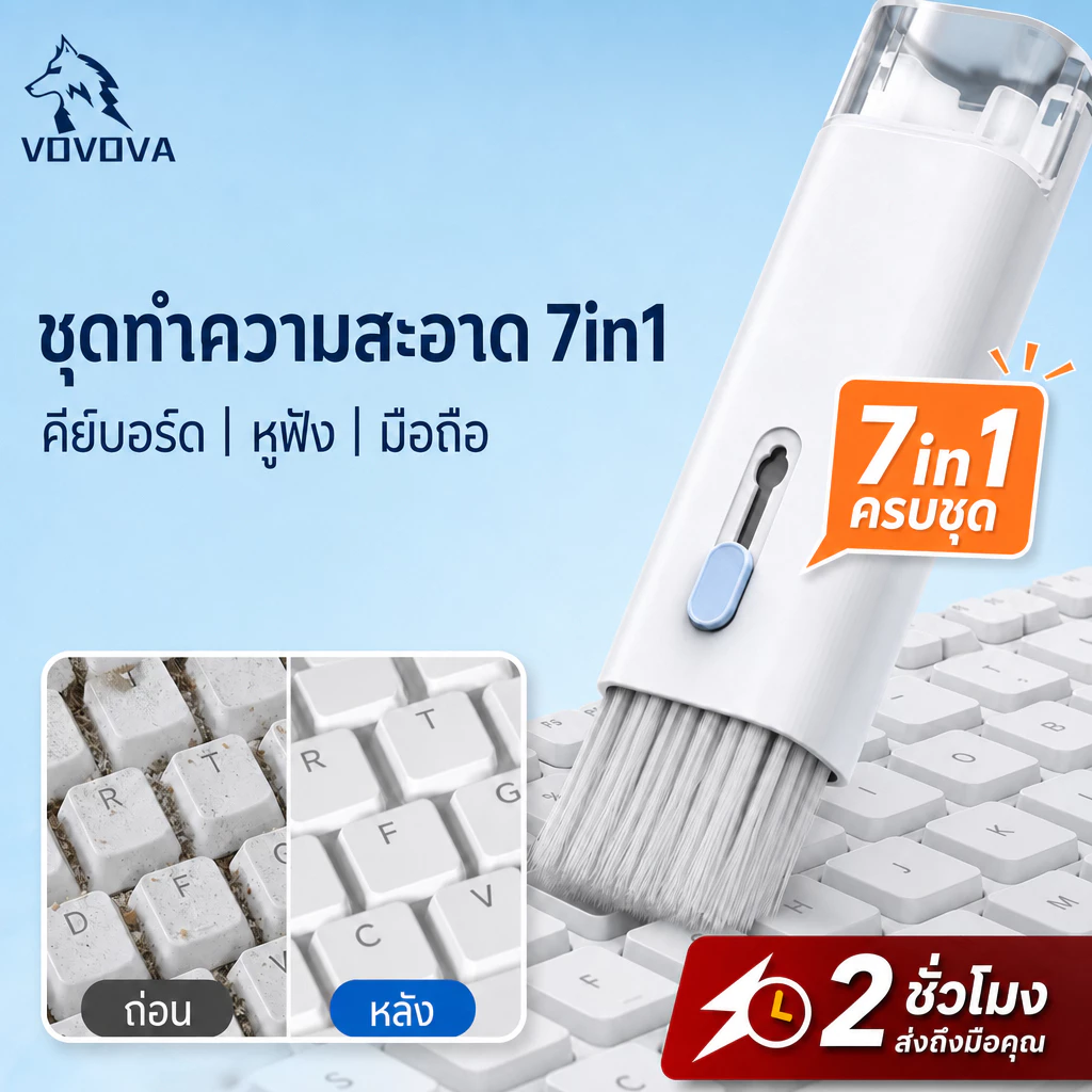 ชุดทำความสะอาดอุปกรณ์อิเล็กทรอนิกส์ 7-in-1 คีย์บอร์ด หูฟัง โทรศัพท์ มีแปรง ปากกาทำความสะอาด สเปรย์ และที่ดึงแป้นพิมพ์ขจั