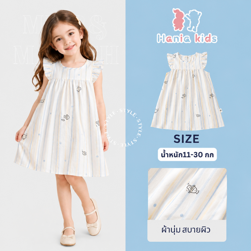 Hania kids สินค้าราคาพิเศษ พร้อมส่ง ชุดเดรสแขนระบาย ผ้าฝ้าย ใส่สบาย ชุดเดรสเด็กผู้หญิงน่ารัก  K6126207