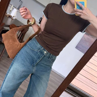 Hotgirl พร้อมส่ง เสื้อยืดแขนสั้นผู้หญิง เสื้อยืดเข้ารูป S-2XL เดินเส้นด้ายตัดคู่สี เนื้อผ้านุ่ม สบายผิว