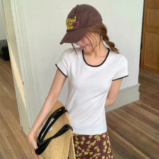 Hotgirl พร้อมส่ง เสื้อยืดแขนสั้นผู้หญิง เสื้อยืดเข้ารูป S-2XL เดินเส้นด้ายตัดคู่สี เนื้อผ้านุ่ม สบายผิว
