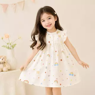 Hania kids พร้อมส่ง สินค้าราคาพิเศษ ชุดเดรสแขนระบายลายสายรุ้ง ผ้าฝ้าย ใส่สบาย ชุดเดรสเด็กผู้หญิงน่ารัก K6126208