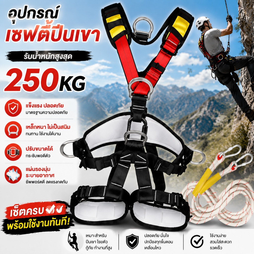 เข็มขัดเซฟตี้แบบเต็มตัว Full Body Harness 250KG สายรัดปีนเขา แบบปรับได้ เข็มขัดเซฟตี้ แบบครึ่งตั พร้อม2ตะขอ บัฟเฟอร์แพ็