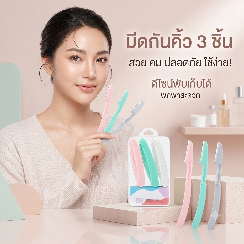 มีดกันคิ้วพกพา ใบมีดสแตนเลสถอดล้างได้ กันน้ำ ทำความสะอาดง่าย ด้ามจับกระชับมือ