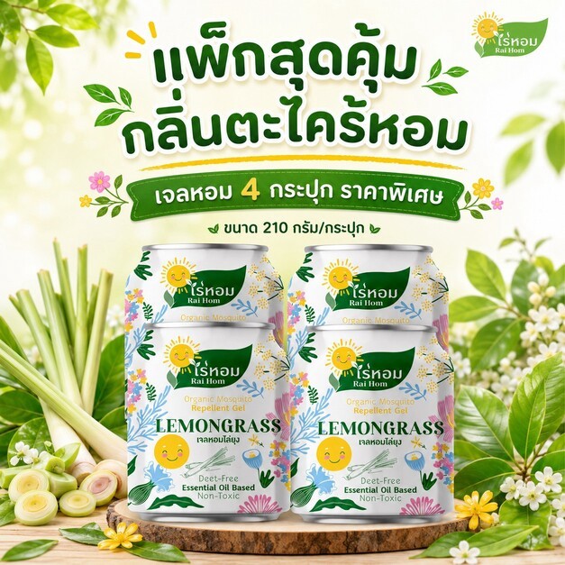 (2 แถม 2) ไร่หอม - เจลหอมปรับอากาศ สูตรไล่ยุง กลิ่นตะไคร้หอม 210 กรัม