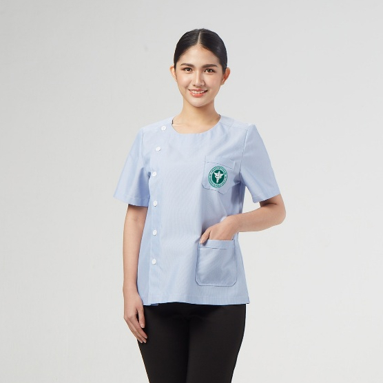 Uniformthaiwacoal เสื้ออนามัยริ้วฟ้าคอกลม ผู้หญิง ปักโลโก้ FHW149 ผ้า Kenko [สังกัดสาธารณสุข]