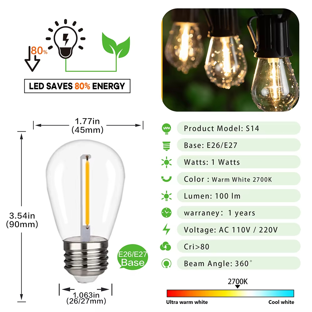 Qimedo หลอดไฟพลาสติกS14 2W วินเทจ ทนแตก E27 ขาวอุ่น2700K กันน้ำIP65 ทดแทนหลอดไส้20W ไฟสายสวน-ไฟประดับ 4ชิ้น