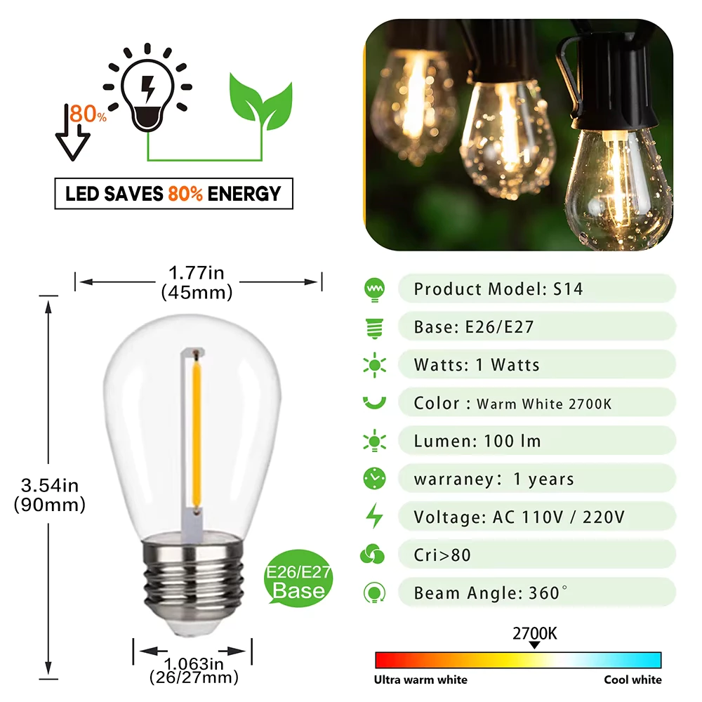 Qimedo หลอดไฟพลาสติกS14 2W วินเทจ ทนแตก E27 ขาวอุ่น2700K กันน้ำIP65 ทดแทนหลอดไส้20W ไฟสายสวน-ไฟประดับ 4ชิ้น