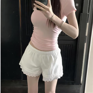 กางเกงขาสั้น สวมใส่สบาย ลําลองสําหรับสตรี ดีไซน์แต่งขอบลูกไม้ มีขนาด S-XXL