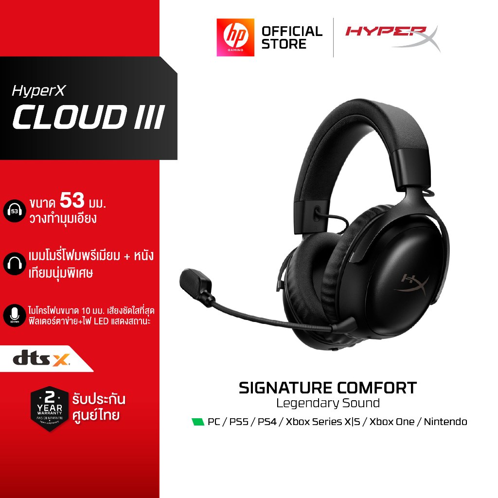 HyperX Cloud III [Wired] Over-Ear Headset Gaming หูฟังเกมมิ่งแบบสาย Driver 53 มม. แบบปรับมุม