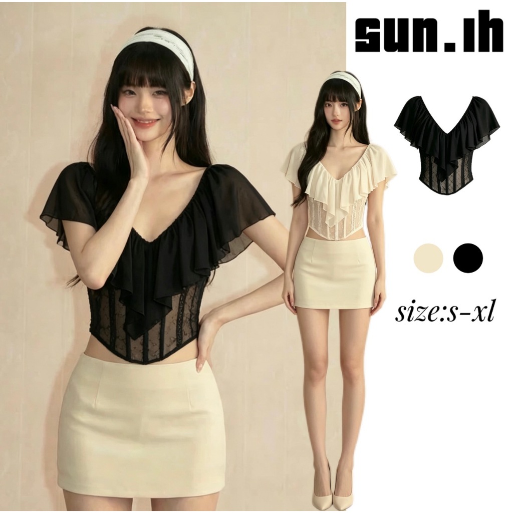 SUN🛍️พร้อมส่ง🛍️เสื้อเชิ้ตแขนสั้นคอวีทรงหางปลาสีขาวระบาย  เสื้อครอปสั้นเข้ารูปเอวคอด เซ็กซี่