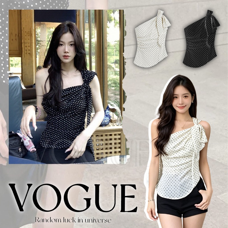 Vogue พร้อมส่ง เสื้อปาดไหล่ลายจุด สไตล์ทันสมัยมีซับในตัว ใส่ได้หลายแบบสำหรับทุกโอกาศ (FY5179#1)