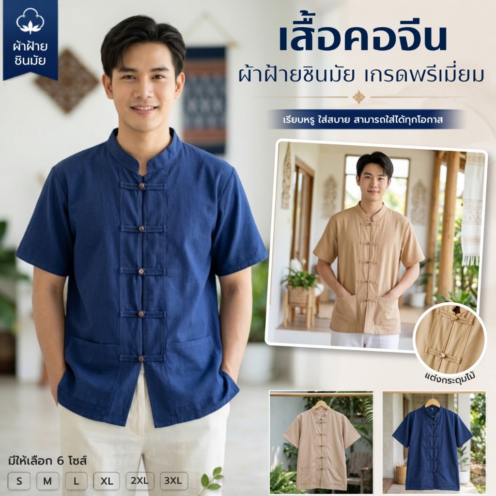 เสื้อผ้าฝ้ายชินมัยสีล้วน ผ้าฝ้ายพื้นเมืองเนื้อดีสีไม่ตก