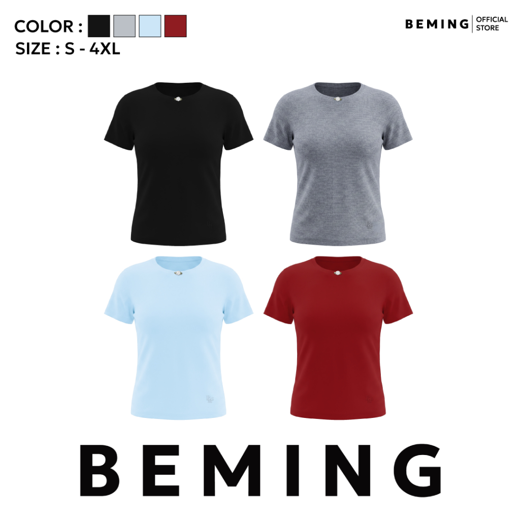 Bemingtop1257(S-4XL) - Basic Tee - เสื้อยืดคอกลมแขนสั้นแต่งดอกไม้เล็กๆที่คอเสื้อ