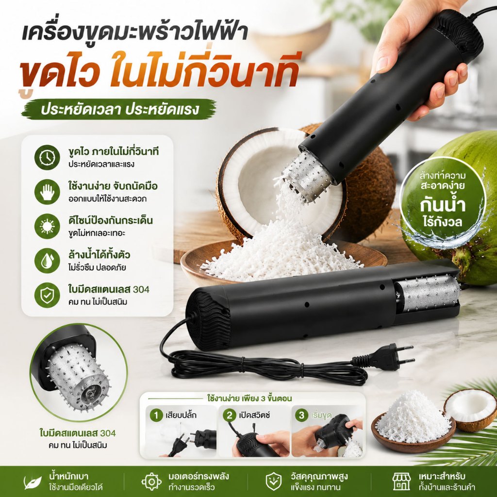 เครื่องขูดมะพร้าวไฟฟ้า ใบมีดสแตนเลส 304 ใช้งานมือเดียวได้ ป้องกันน้ำกระเด็น
