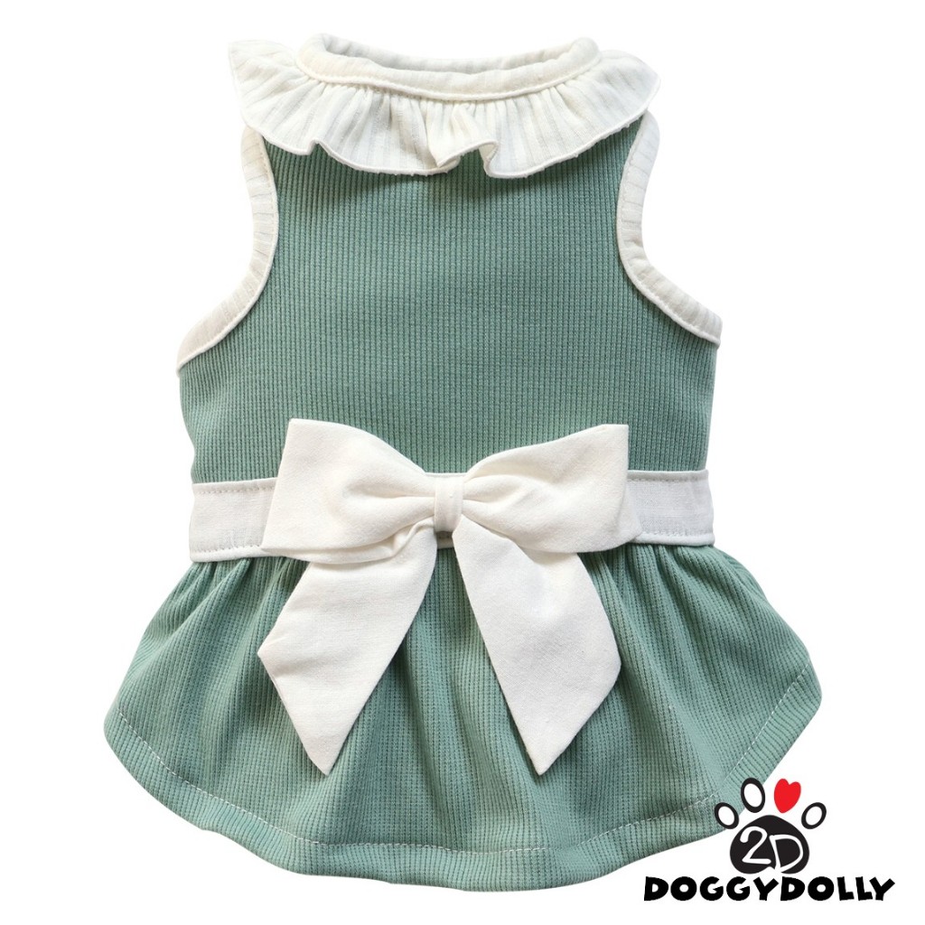 Pet clothes -Doggydolly เสื้อผ้าแฟชั่น น้องหมาน้องแมว ชุดกระโปรง แขนกุดสีเขียว ผ้าร่อง ขนาดไซส์ 1-9โล D026