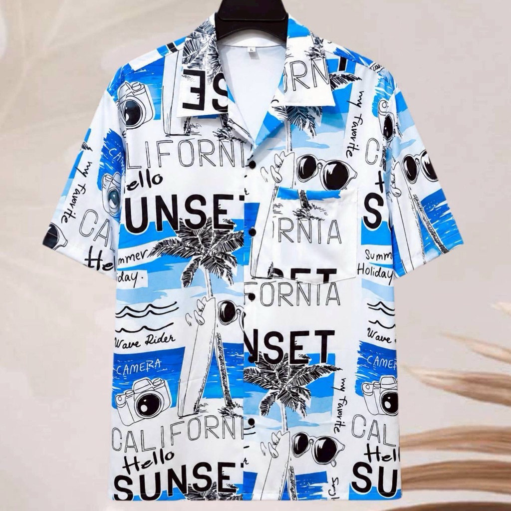 เสื้อเชิ้ตฮาวาย ลายHoliday ฮาวาย (พื้นสีขาวฟ้า) ผ้าไหมอิตาลี