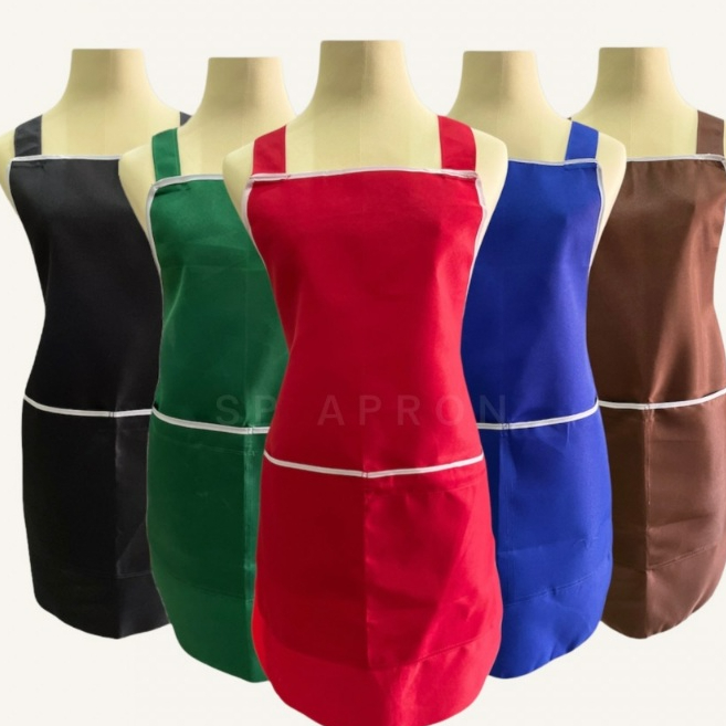 SP ผ้ากันเปื้อนสีพื้น 2 กระเป๋า 1 ซิป กุ๊นขอบสีขาวอย่างดี