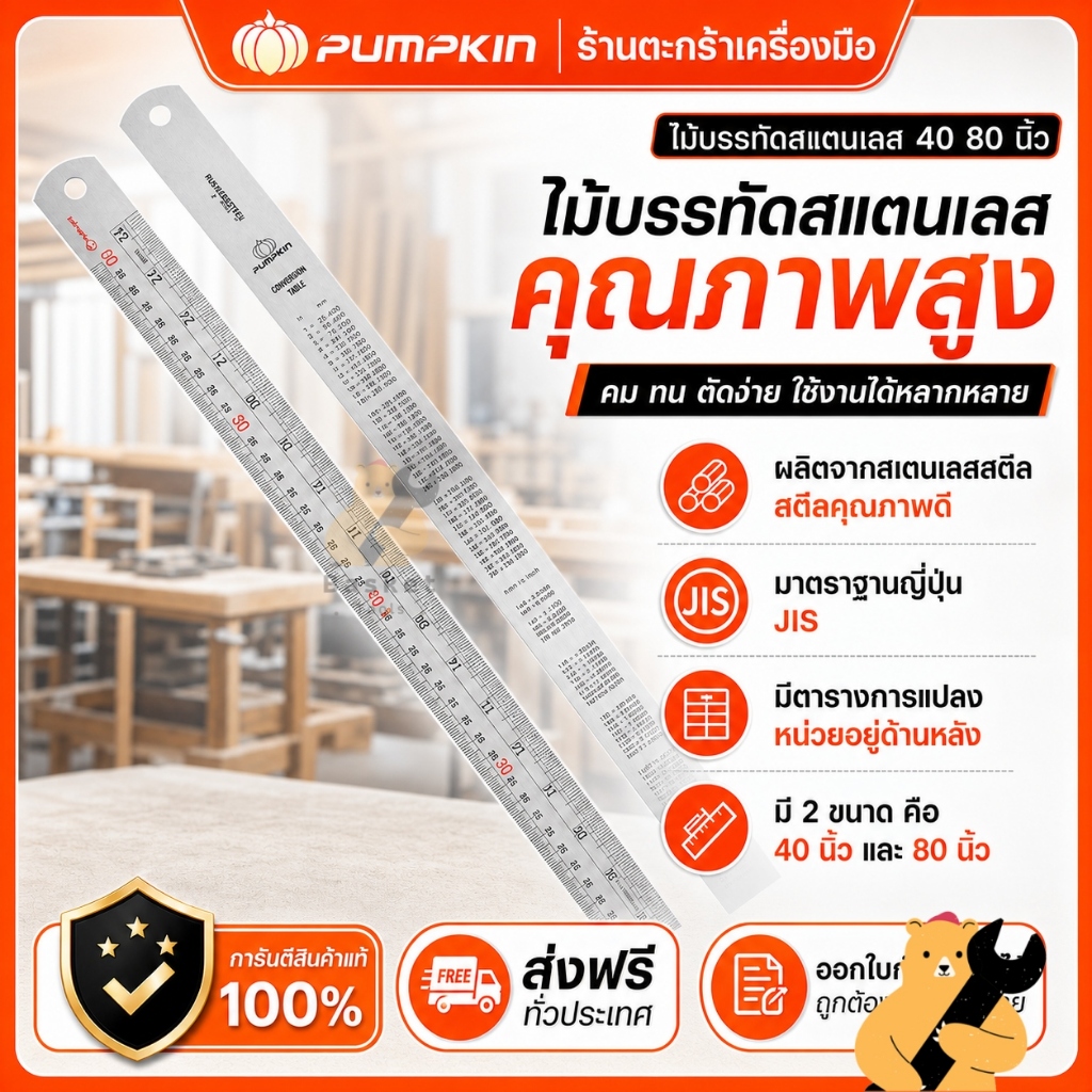 PUMPKIN ไม้บรรทัดสแตนเลส รุ่น INOX ฟุตเหล็ก 40 80 นิ้ว ไม้บรรทัดเหล็ก ไม้บรรทัด มาตรฐาน JIS (1 อัน)