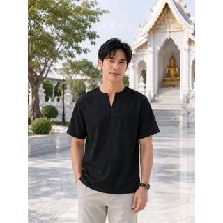 เสื้อผ้าฝ้าย ผ้าพื้นเมือง (หนังกบ) คอเจาะ แขนสั้น สีขาว