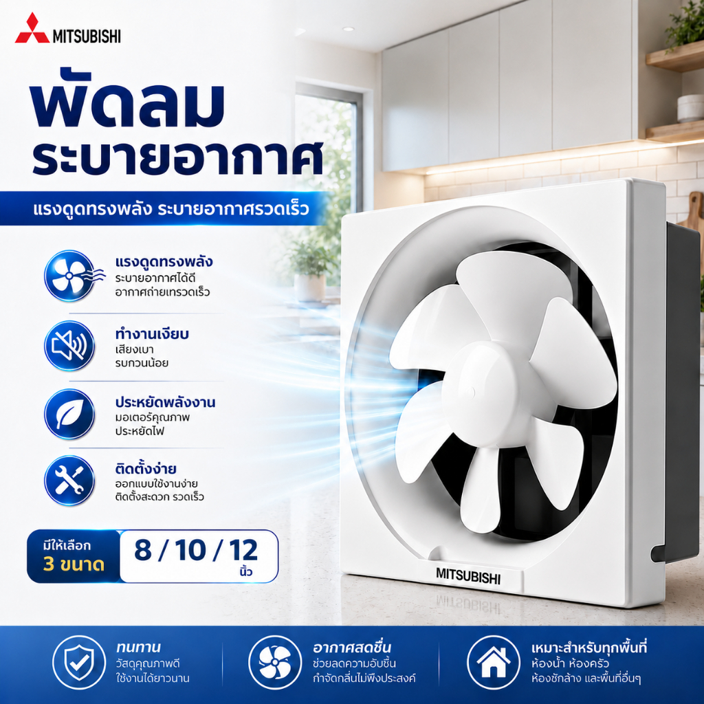 พัดลมระบายอากาศ 8/10/12 นิ้ว แบบติดผนัง แรงดูดสูง เสียงเงียบ ใช้สำหรับห้องครัว ห้องน้ำ สำนักงาน Wall Exhaust Fan