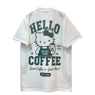 Hello Coffee เสื้อยืดทรงโอเวอร์ไซส์ Unisex งานผ้าCotton100 ไม่มีตะเข็บข้าง สกรีน DTG สกรีนจม ด้านหน้าแน่นๆ รีดทับได้