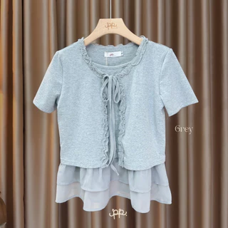 POI เสื้อยืดแต่งชายระบายชีฟองผูกโบว์ น่ารัก ผ้าเนื้อนิ่ม T013G7