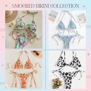 Ocean Mood | Sexy Bikini ชุดว่ายน้ำทูพีช ผ้าสม็อค ทรงเว้าสูง ดีเทลผูกสาย ลายดอกไม้หลากสี ชุดเดินชายหาด