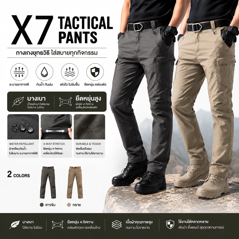 [COD]กางเกง Tactical Pants ผู้ชาย X7 ผ้าบางเบา น้ำหนักเบา ยืดหยุ่นสูง 4 Way Stretch ใส่เดินป่า ใส่เที่ยว