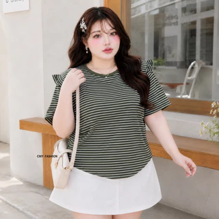 เสื้อยืดลายริ้วแต่งแขนเหมาะสำหรับสาวพลัสไซร์ สีพื้นน่ารัก ผ้านุ่ม ผ้ายืดใส่สบาย #tb8203