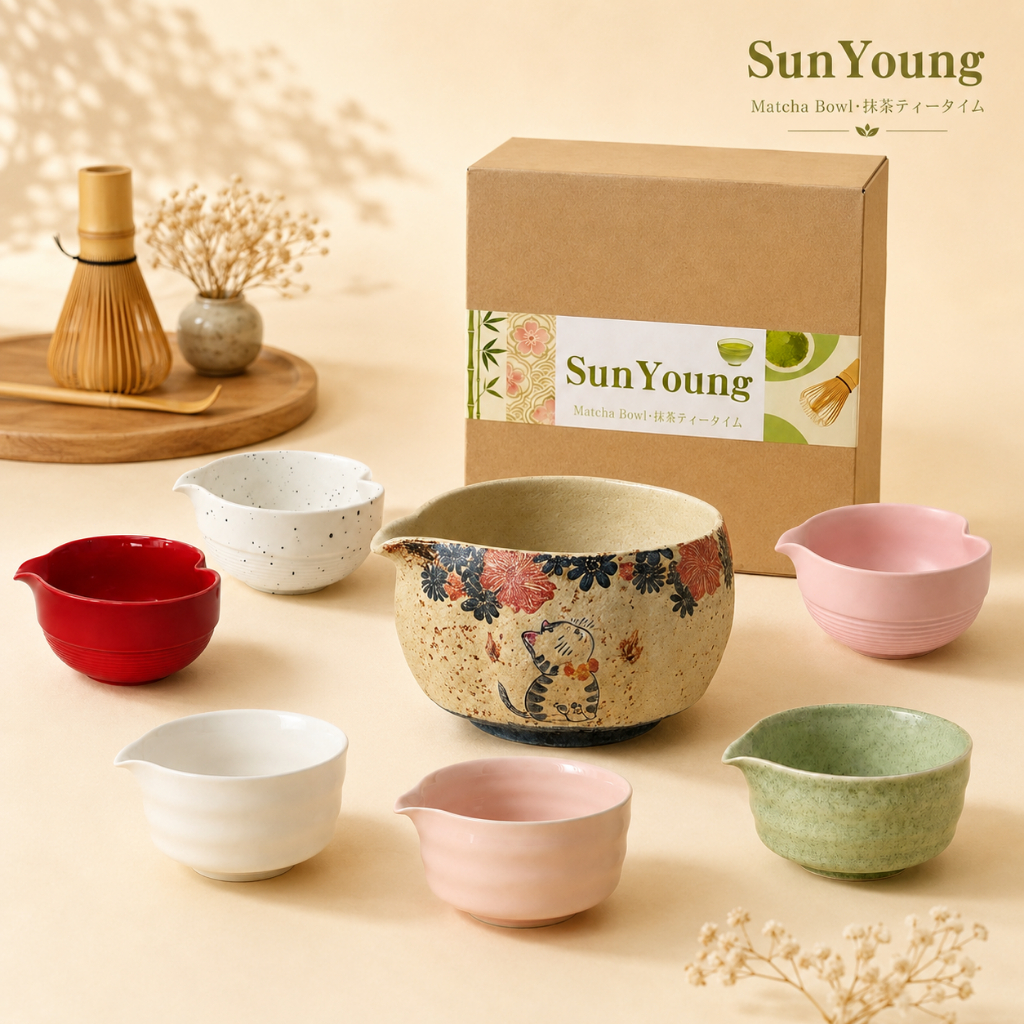 SunYoung ชามมัทฉะเซรามิก ถ้วยตีมัทฉะ Matcha Bowl แบบมีปาก หลายสีหลายลาย สำหรับชงชาและขนมหวาน