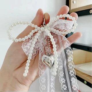พวงกุญแจโบว์จี้ไข่มุก จี้ห้อยกระเป๋า พวงกุญแจ keychain ตกแต่งกระเป๋า bag Y2K ดำ สไตล์หวาน