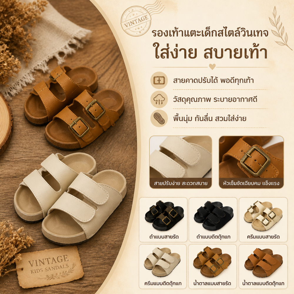 รองเท้าแตะเด็กสายปรับได้ สไตล์บีเคน รองเท้าแตะเด็กผู้ชาย  พื