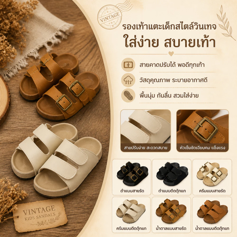 รองเท้าแตะเด็กสายปรับได้ สไตล์บีเคน รองเท้าแตะเด็กผู้ชาย พื้นกันลื่นยืดเกาะดี สำหรับเด็ก1-8ปี