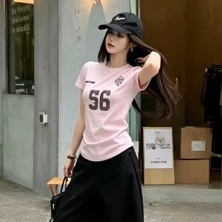 COD พร้อมส่ง เสื้อยืดฤดูร้อนผู้หญิง สีดำรุ่นเบสิค แขนตรงเข้ารูป สไตล์สาวแซ่บอเมริกัน ใส่ได้ทุกลุค