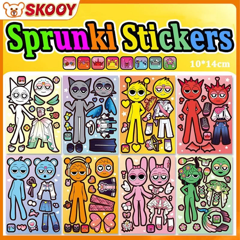 8ชิ้น สติกเกอร์แต่งตัว Sprunki สปังกี้ DIY เล่นซ้ำได้ ของเล่นเสริมพัฒนาการ คลายเครียด สำหรับเด็กผู้หญิง ตกแต่งสแครปบุ๊ค