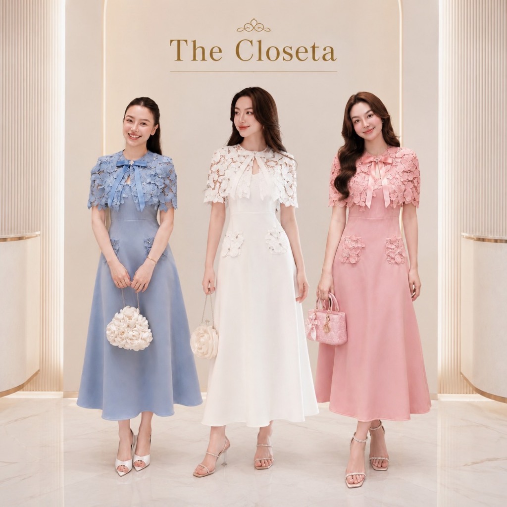 THE CLOSETA : LB649 ชุดเดรสทรงสวยผ้าสูท พร้อมเสื้อคลุมลูกไม้ และเข็มกลัดโบว์