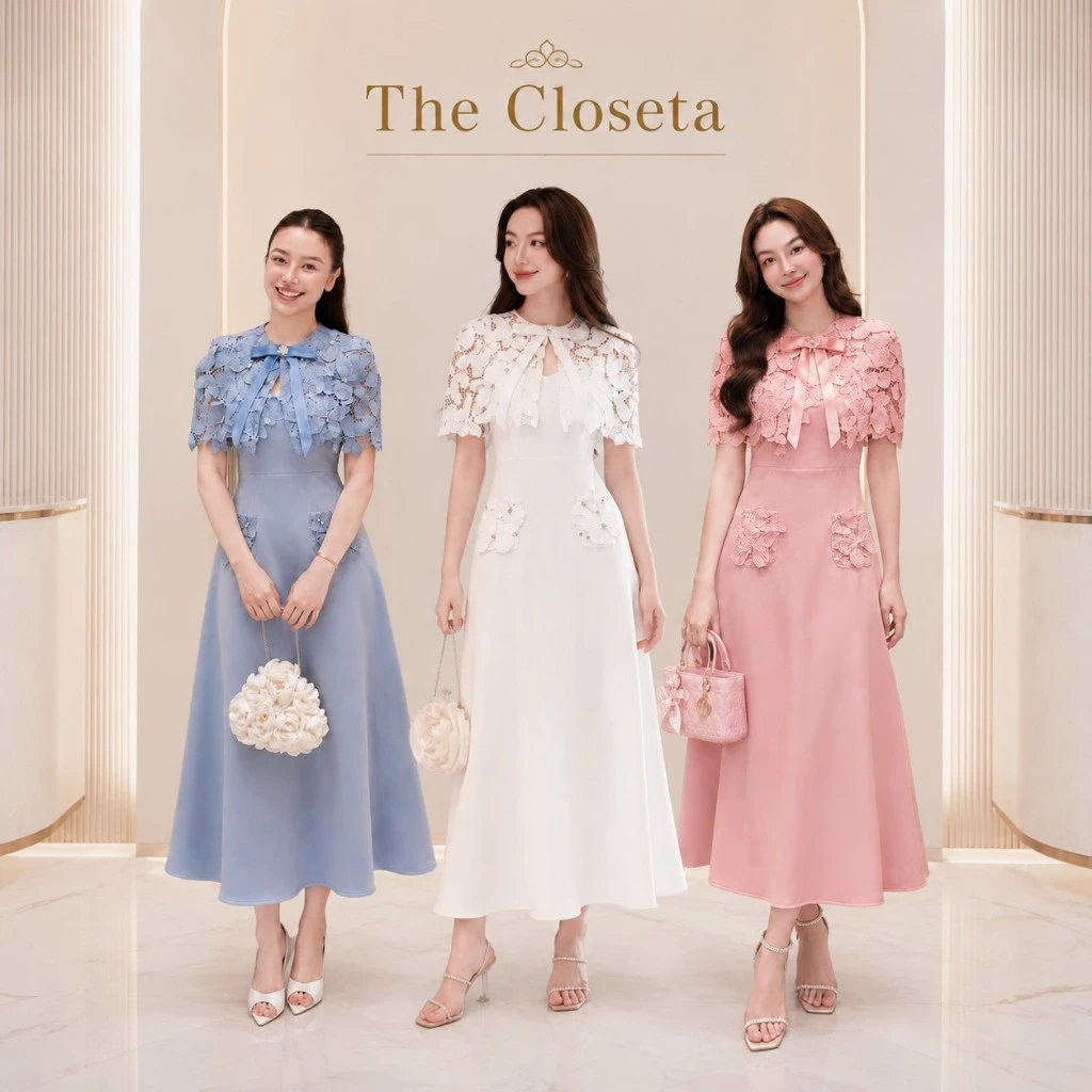 THE CLOSETA : LB649 ชุดเดรสทรงสวยผ้าสูท พร้อมเสื้อคลุมลูกไม้ และเข็มกลัดโบว์
