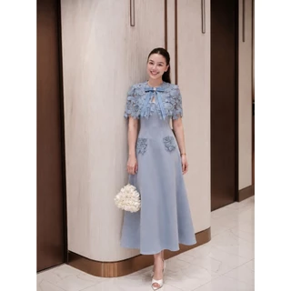 THE CLOSETA : LB649 ชุดเดรสทรงสวยผ้าสูท พร้อมเสื้อคลุมลูกไม้ และเข็มกลัดโบว์