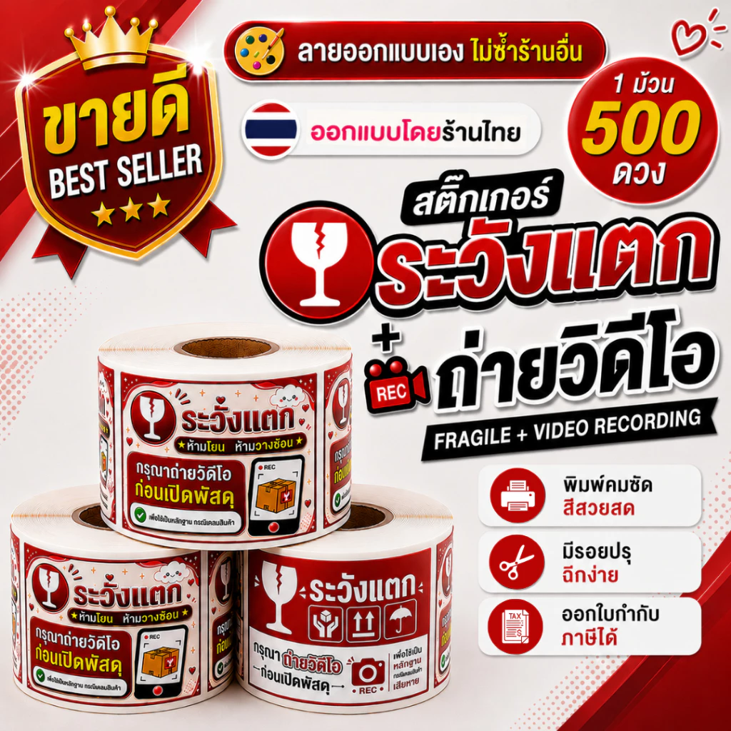 สติ๊กเกอร์ระวังแตก Fragile + ถ่าย VDO เทประวังแตก Fragile ถ่ายวิดีโอก่อนเปิดพัสดุ Handle with Care