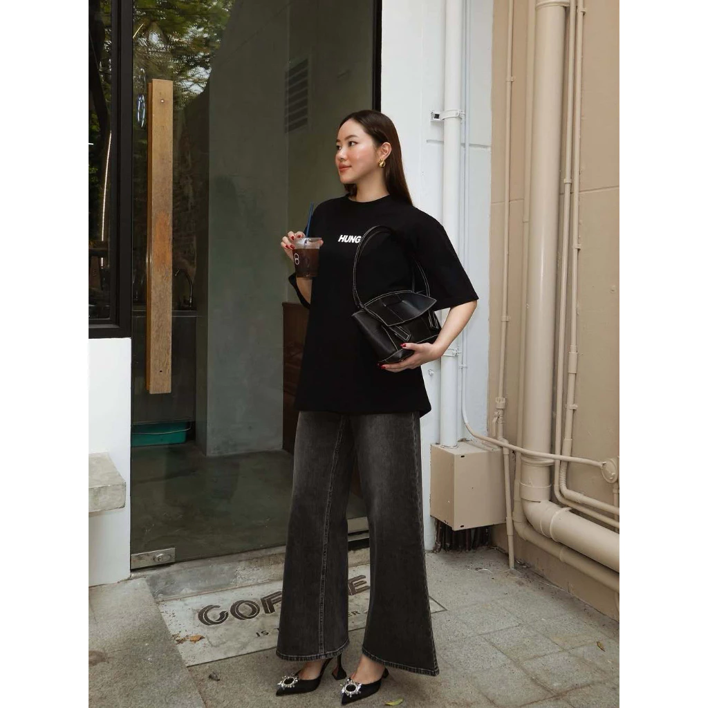 HUNG JEANS รุ่น Helena Jeans (HJ65) รุ่นขายดี กางเกงยีนส์ทรงขาบาน สีดำเทา ผ้ายืดหยุ่น | Japanese Denim Cotton 98%