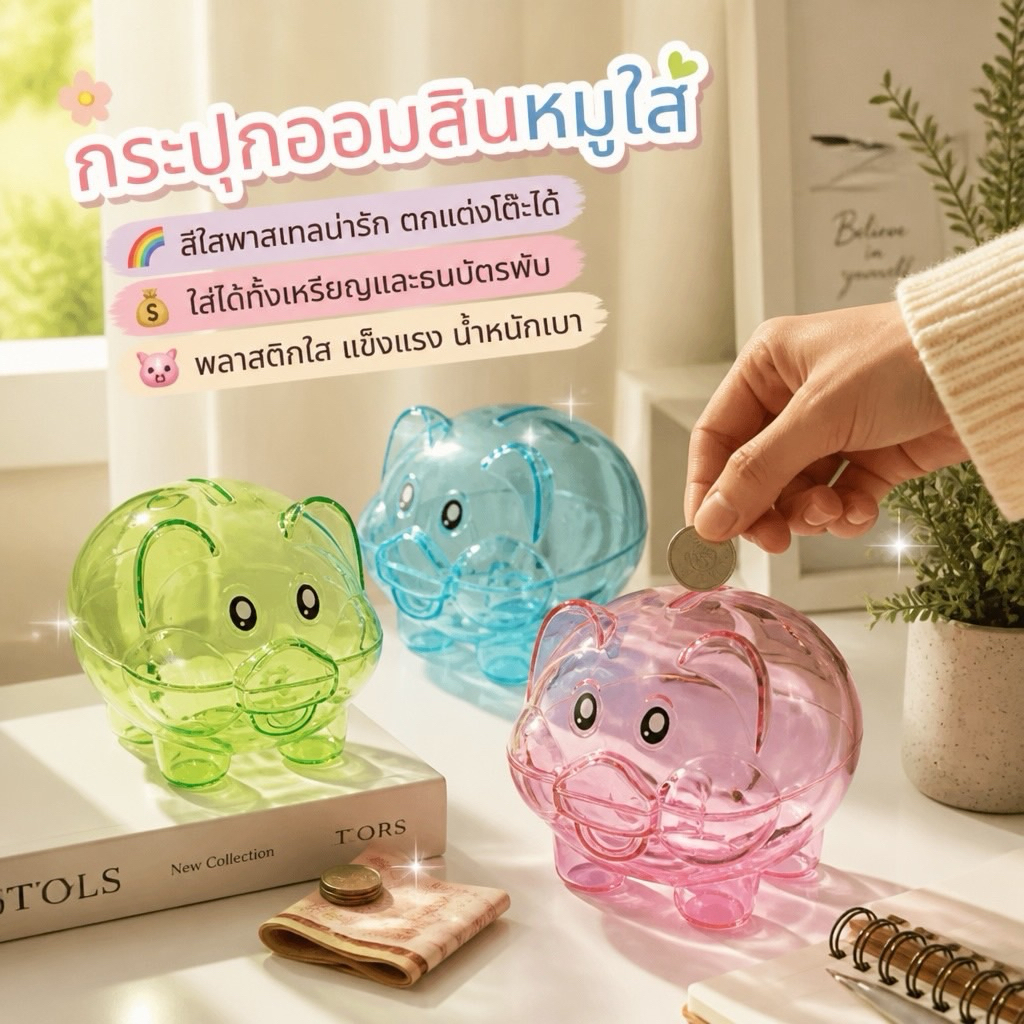 ออมสินหมูสี กระปุกออมสิน ออมสินสีใส วัสดุเป็นพลาสติกหนาอย่างดี กระปุกออมสินสีแดง
