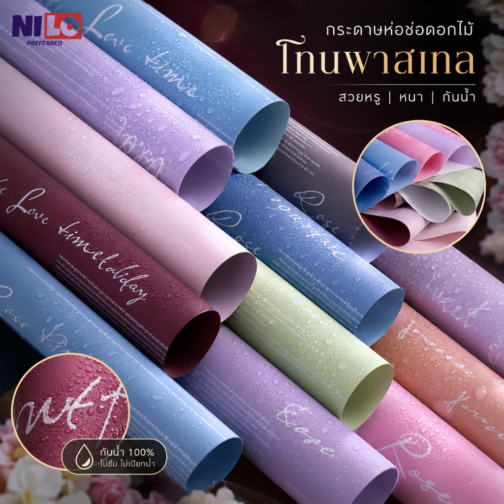 กระดาษห่อช่อกุหลาบ 20 แผ่น กันน้ำ ขนาด 57x57 ซม. สีพาสเทล สำหรับวาเลนไทน์