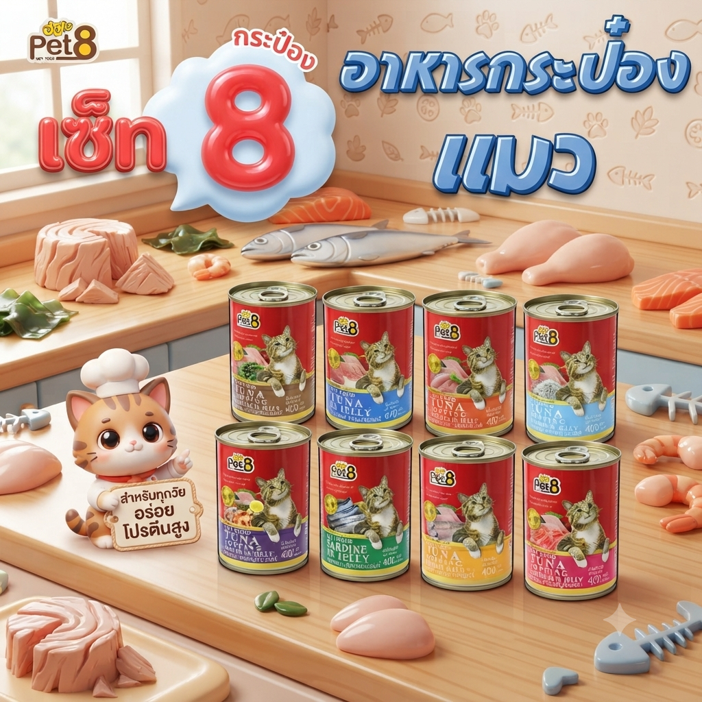 อาหารเปียกแมว Pet8 เซ็ท 8กระป๋อง คละรส แมว3เดือนขึ้นไป ทานได้ พร้อมส่ง