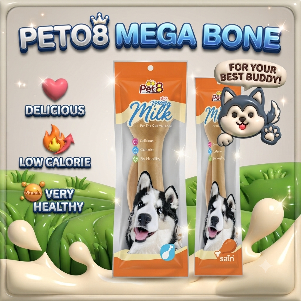 PET8 กระดูกผูก Mega bone JUMBO กระดูกผูกเคลือบไก่ 10'' รสไก่&นม Mega Bone ใหญ่เคี้ยวมันส์สะใจ