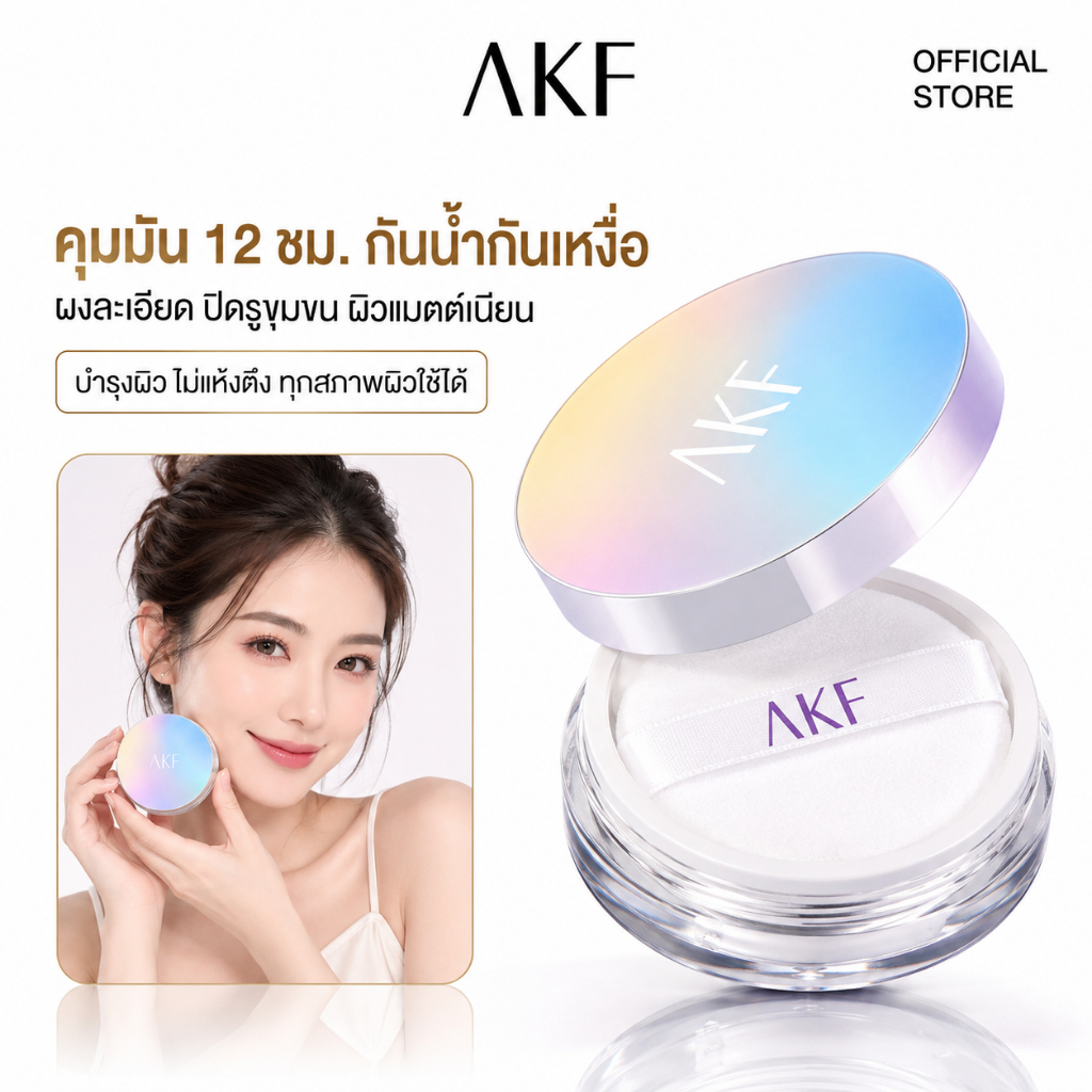 ร้าน Nboyi | AKF แป้งฝุ่น Setting Powder คุมมัน 12 ชม. กันน้ำกันเหงื่อ ผิวแมตต์ ปิดรูขุมขน พกพาง่าย เหมาะผิวมัน ผิวผสม