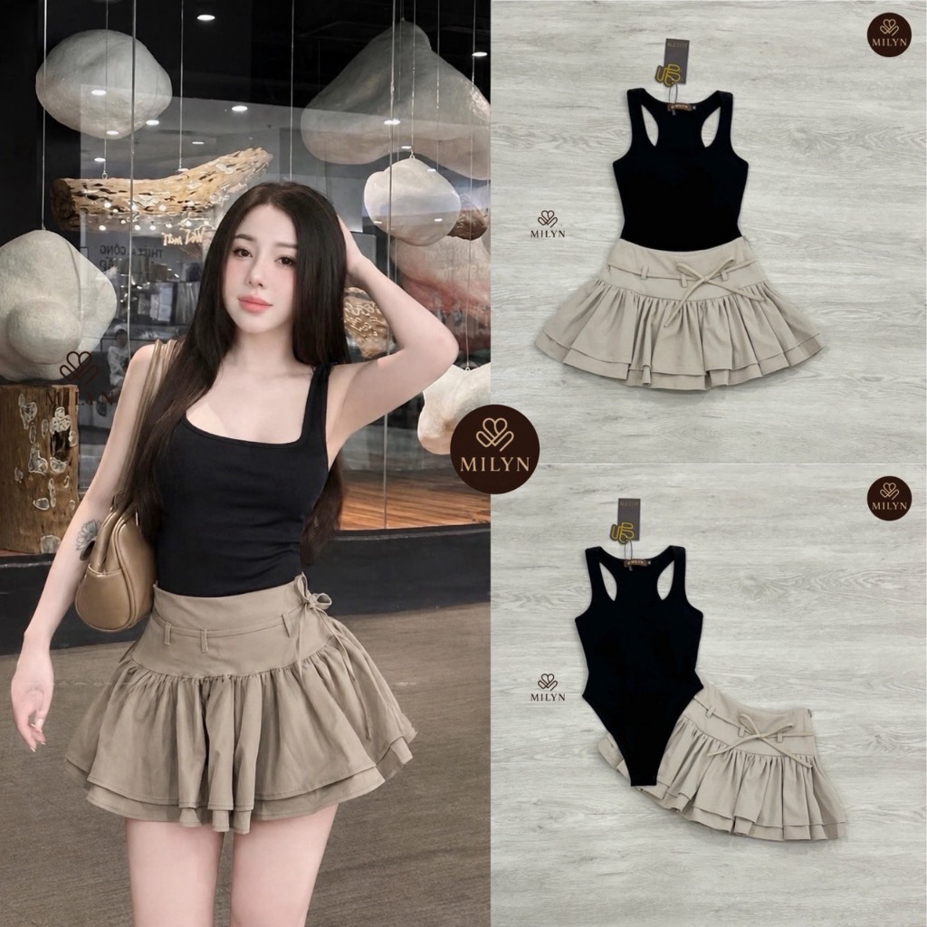 MILYN SET สุดคิ้วท์บอดี้สูทสีดำ+กระโปรงพลีทเอวสูงสีเบจ