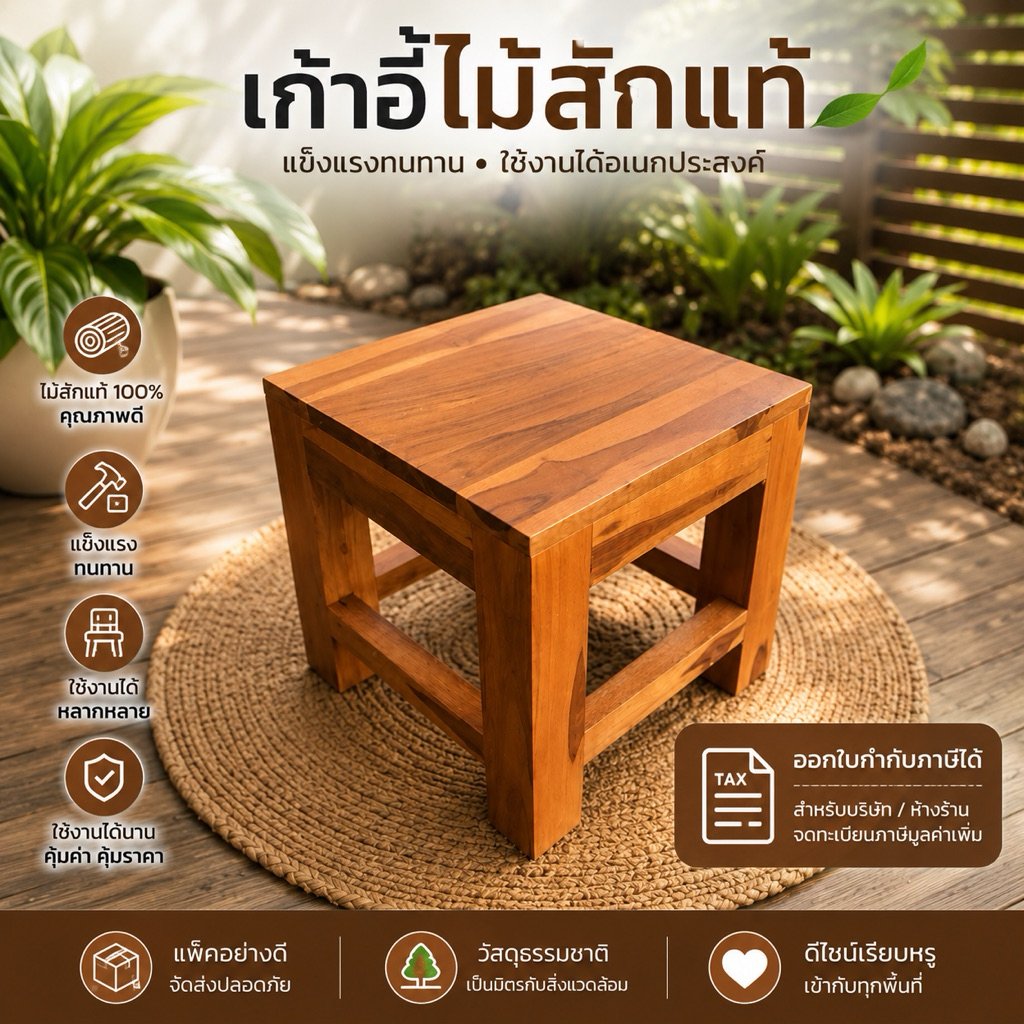 เก้าอี้ไม้สัก4เหลี่ยม ✅ออกใบกำกับภาษีได้ค่ะ💯